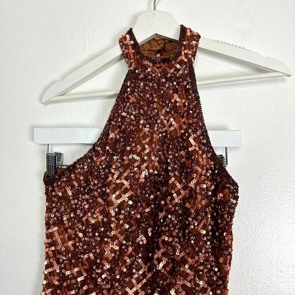 MAC DUGGAL Sequin Plaid Halter Neck Cocktail Dress in Copper Size US 4 - Picture 4 of 8